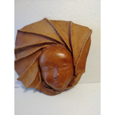 Leather Face Mask WALL ART Sculptured DECOR 13.5"x10.5 Vintage   263877276127